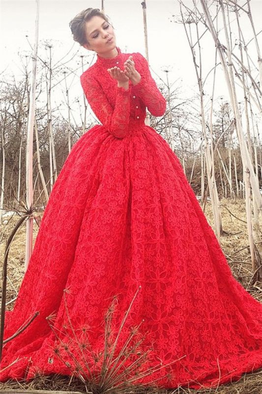 Exquisite High-Neck Lace Appliques Red Long Evening Dress