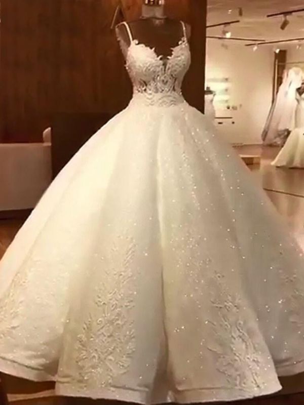 Robes de mariée de luxe en robe de bal | Robes de mariée en dentelle de bretelles spaghetti