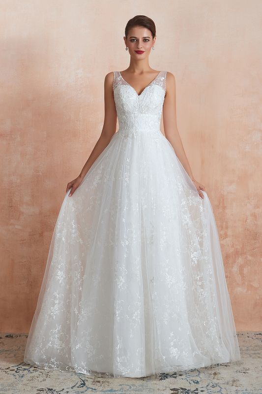 Einfaches A-Linien-Hochzeitskleid mit V-Ausschnitt und Trägern, Tüll, Blumenspitze, langes Kleid für die Braut