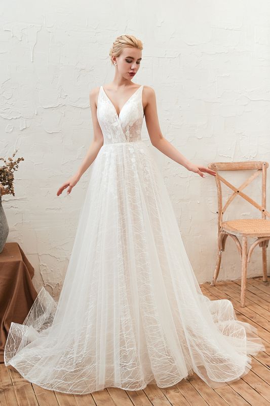Beautiful V-Neck Aline Wedding Dress Sleeveless Floral Beach Wedding Gown