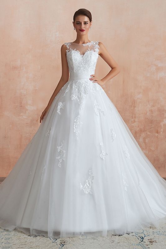 Scoop Neck Tulle Lace Appliques Wedding Dress Sleeveless Aline Bridal Dress