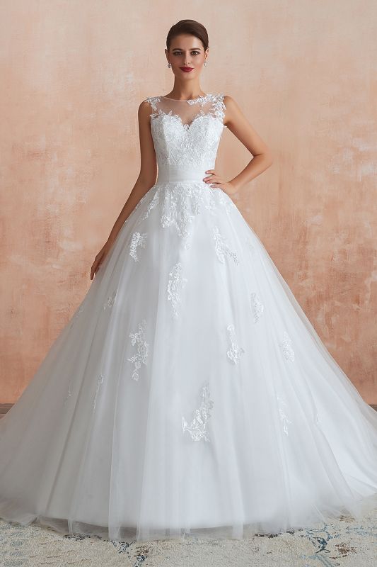 Encolure dégagée Tulle Dentelle Appliques Robe de Mariée Sans Manches Aline Robe de Mariée