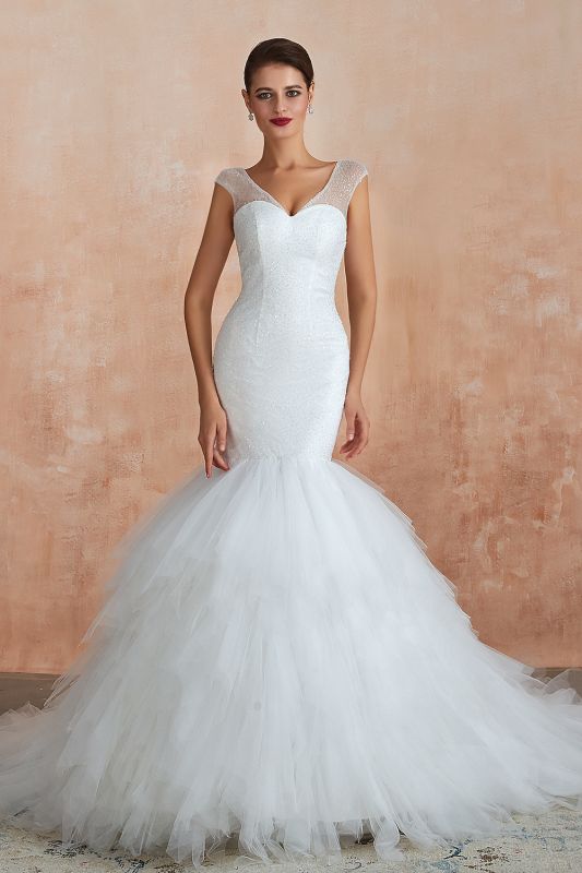 Vestido de novia de sirena de satén con lentejuelas brillantes Vestido de novia de tren de barrido hinchado