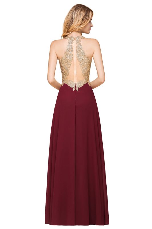 Elegantes Aline Chiffon Langes Abendkleid Ärmelloses Goldapplikationen Hochzeitskleid