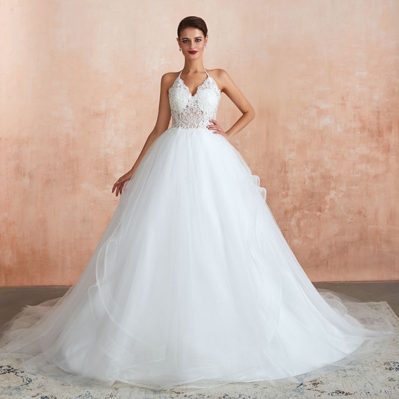 Amazing Halter Floral Lace Aline Wedding Dress Backless Tulle Bridal Gown