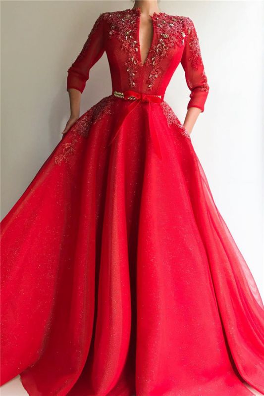 Lentejuelas brillantes tul rojo con cuello en v vestido de fiesta rojo | Vestido de fiesta largo con apliques de mangas 3/4 con encanto joya