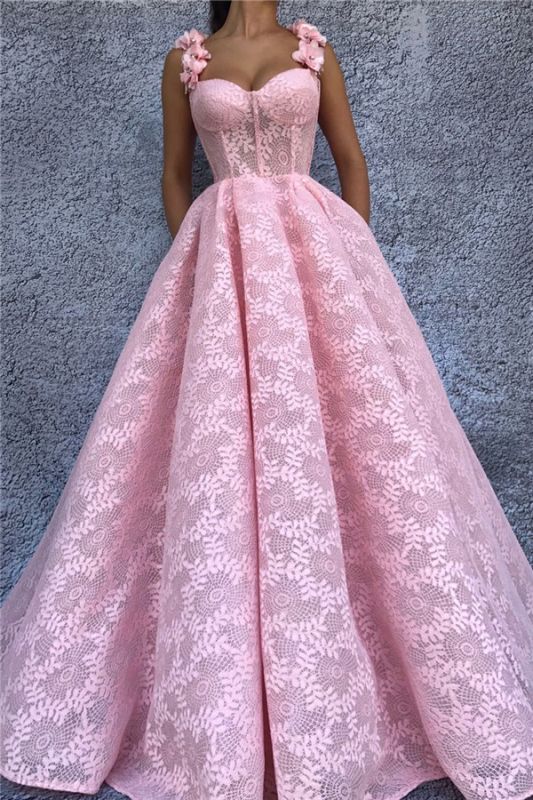 Robe de bal rose exquise dentelle chérie | Bretelles élégantes fleurs sans manches longue robe