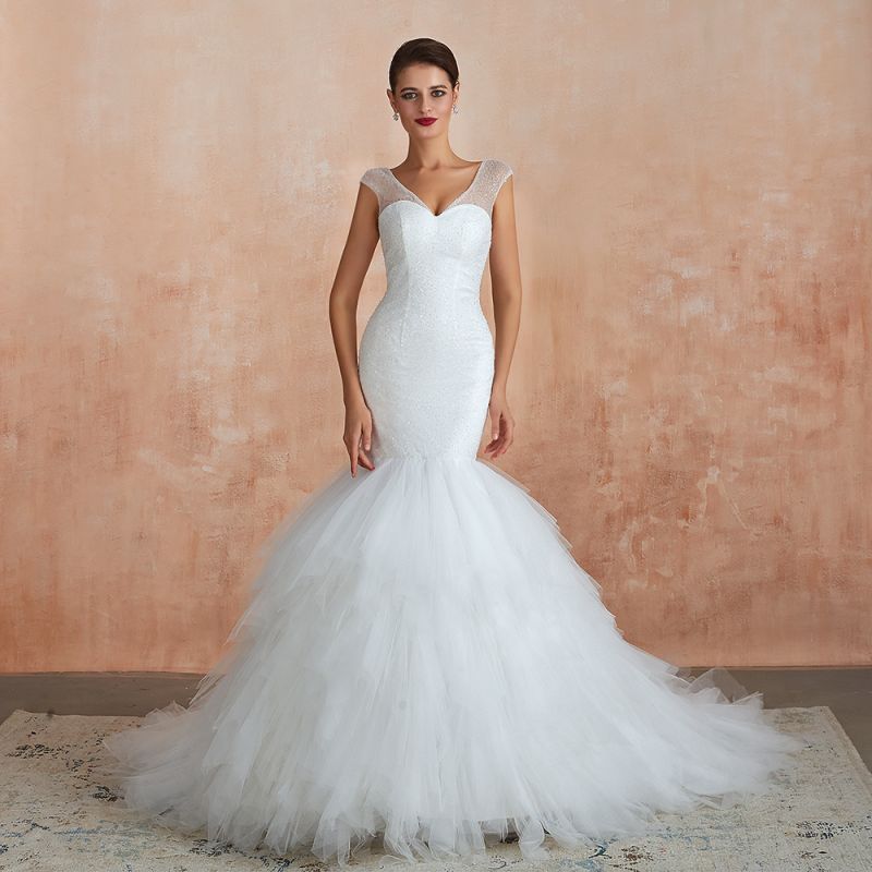 Glitter Sequins Satin Mermaid Wedding Dress Puffy Sweep Train Bridal Dress