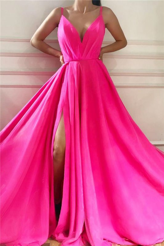 Sexy Spaghettiträger Ärmelloses langes Abendkleid | Erschwingliche V-Ausschnitt vorne Schlitz lange rosa Abendkleid