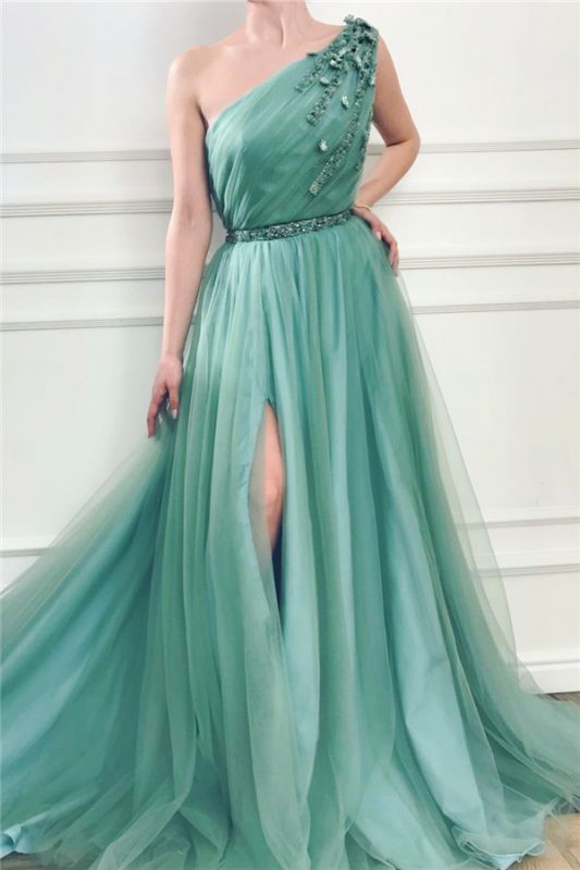 Glamorous One Shoulder Green Tulle Prom Dress with Beading | Sexy Front Slit Long Prom Dress with Beading Sash