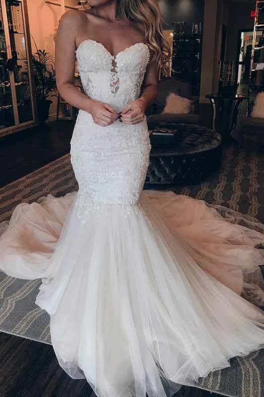 Strapless Tulle Lace Wedding Dresses | Sexy Mermaid Sleeveless Long Dresses For Weddings