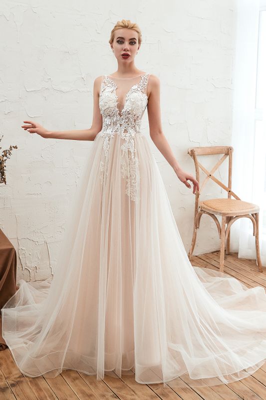 Elegantes Aline-Tüll-Hochzeitskleid mit U-Ausschnitt, ärmelloses, langes Brautkleid