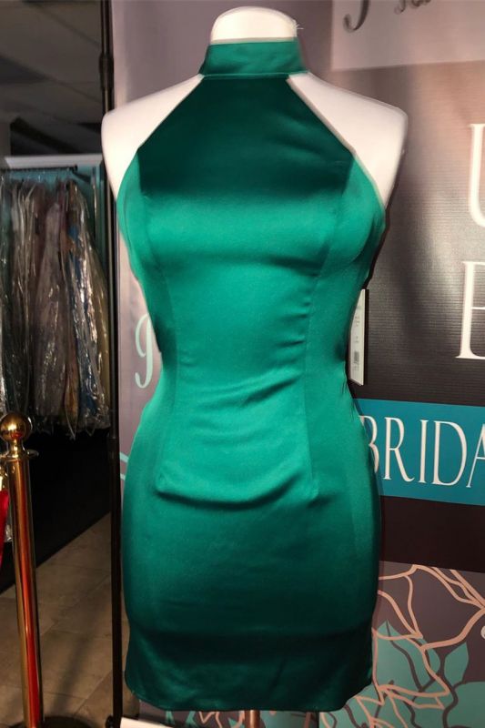 Einfaches dunkelgrünes High Neck Homecoming Kleid | Figurbetontes, ärmelloses, kurzes Mini-Cocktailkleid