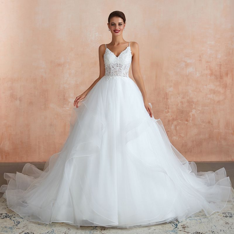Aline Wedding Dress Sleeveless V-Neck Tulle Long Bridal Dress for Women