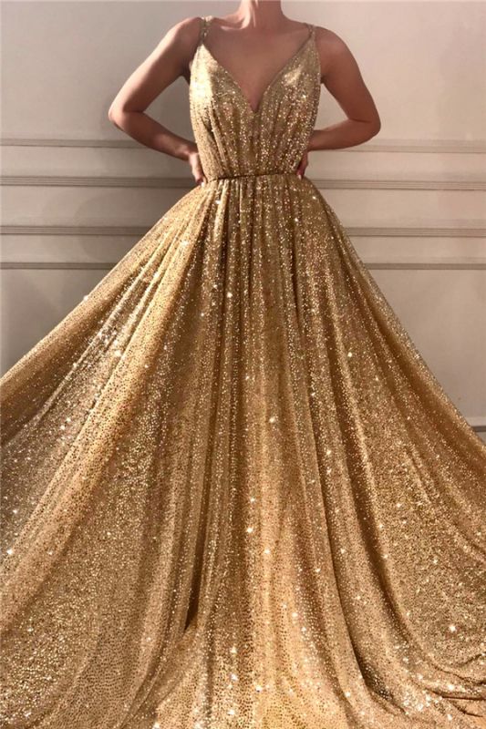 Glamorous Sequins Spaghetti Straps Long Prom Dress | Sparkle V Neck Sleeveless Gold Prom Dress