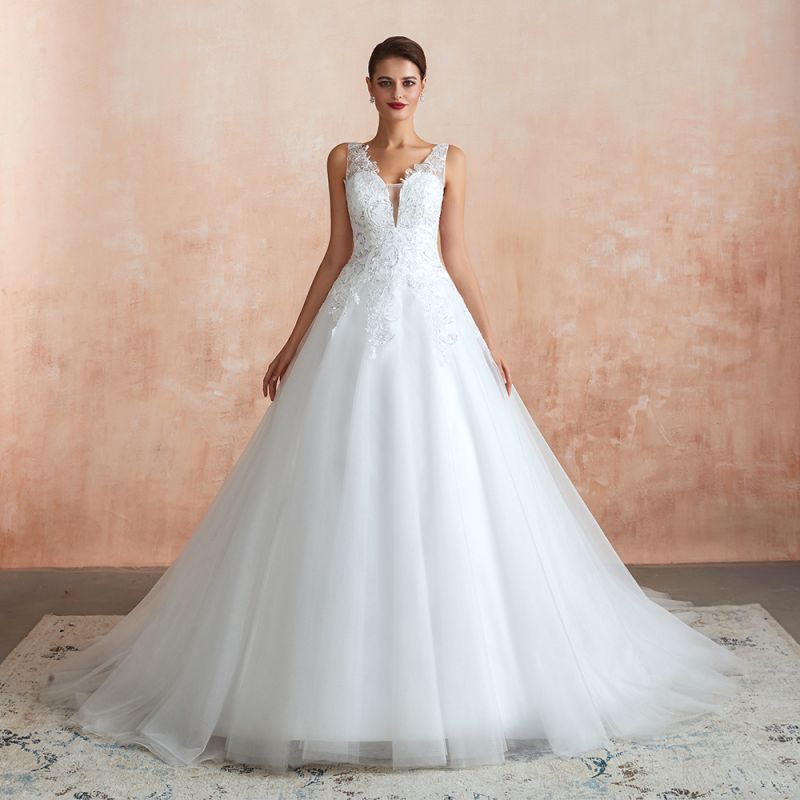 White Floral Lace Wedding Dress V-NeckTulle Aline Bridal Dress