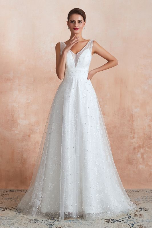 White Pearls Aline Wedding Dress Sleeveless V-Neck Bridal Dress
