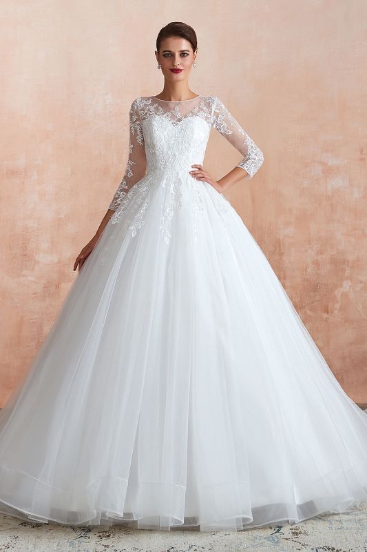 Elegant 3/4 Sleeves Aline Wedding Dress Tulle Lace Appliques Bridal Dress