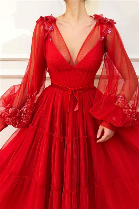 Chic V Neck Long Sleeves Red Tulle Prom Dress | Charming Ball Gown ...