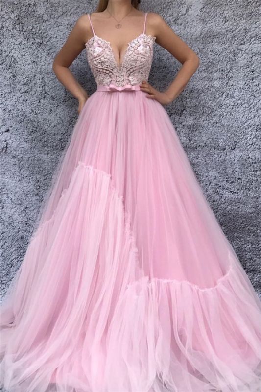 Sexy Spaghetti Straps V Neck Pink Prom Dress | Chic Lace Bodice   Long Prom Dress with Sash