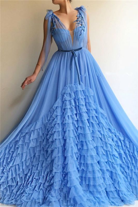 Sexy Tulle Deep V Neck Blue Prom Dress | Chic Sleeveless Layers Long Prom Dress with Sash