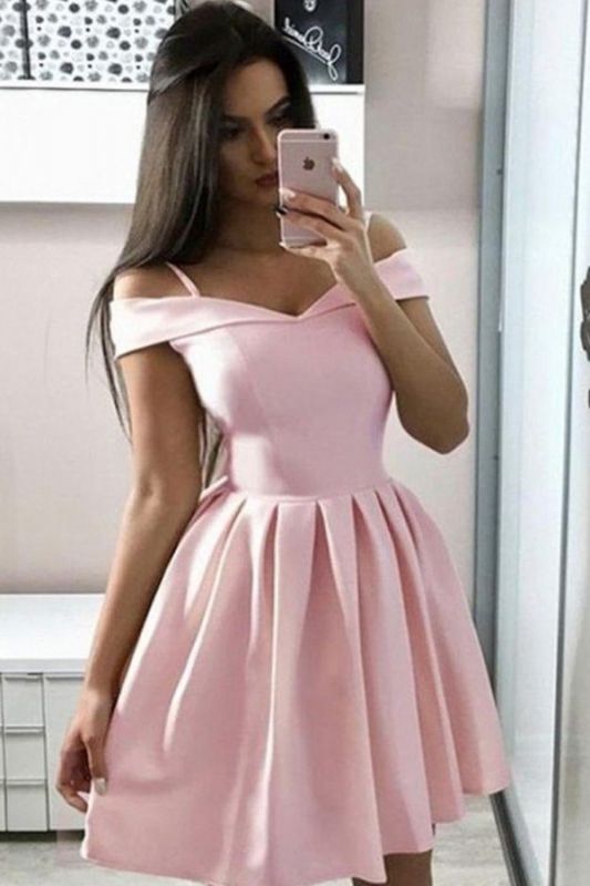 Simple Off the Shoulder Pink Homecoming Dress | Chic Sweetheart Ruffles Affordable Short Cocktail Dress