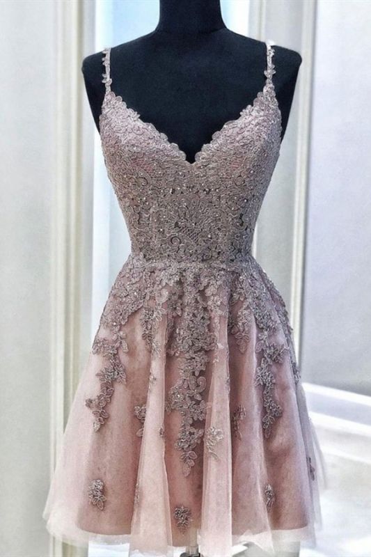 Cute V Neck Sleeveless Beads Sexy Short Homecoming Dresses | Chic Spaghetti Straps Lace Cocktail Dress