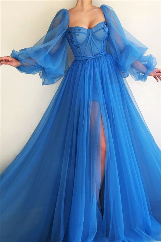 Robe de bal sexy à manches longues et longue encolure en cœur | Robe de bal longue bleue fendue devant