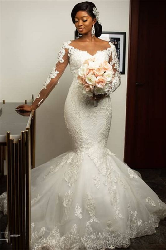 Long Sleeve Sheer Tulle Mermaid Lace Appliques Wedding Dresses Online