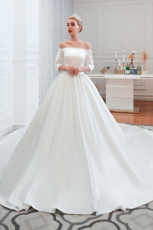 Amazing Off Shoulder Satin Wedding Dress Aline with Sleeves