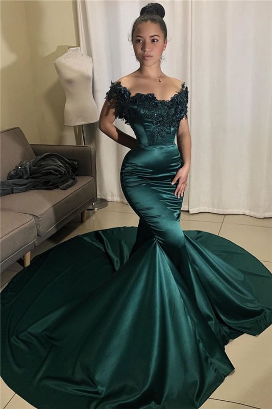 Off The Shoulder Dark Green Prom Dresses | Mermaid Beads Appliques Evening Gowns with Long Train