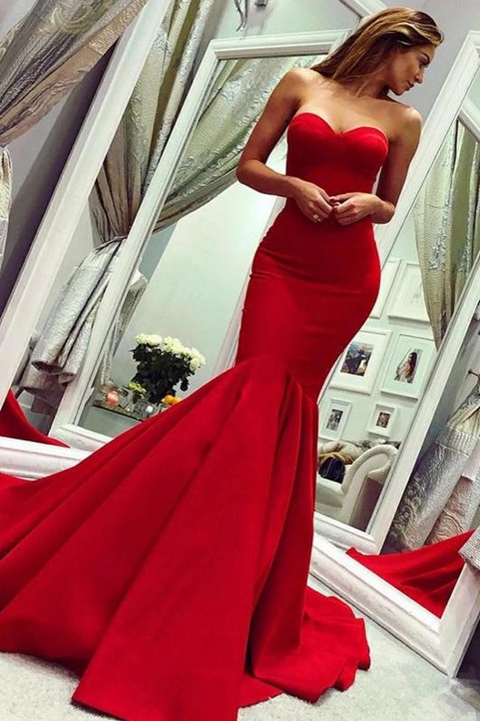 Red sweetheart mermaid prom dress with train