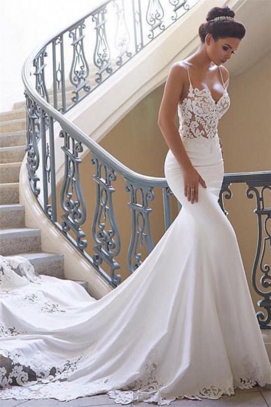 Sexy Spaghetti Strap Cheap Wedding Dresses |  Mermaid Chiffon Lace Bridal Gown Online