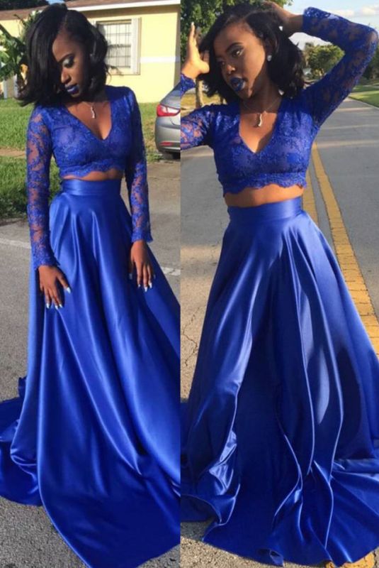 Lace Royal-Blue Long-Sleeve V-neck Two-Piece Prom Dress