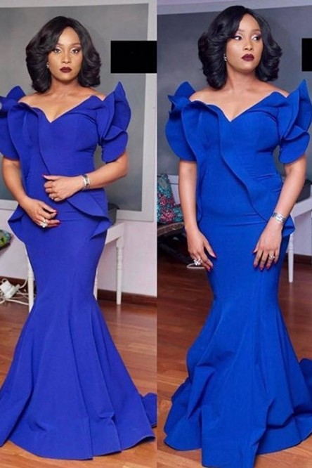 Elegant Mermaid Evening Dresses | Royal Blue Petal Sleeves Long Prom Dresses
