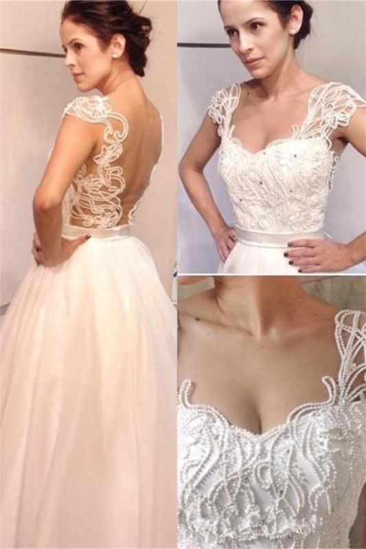 Floor Length A-line Sexy Open Back Straps Wedding Dresses with Pearls