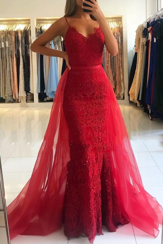 Red Sheath Spaghetti Straps Prom Dresses 2021 | Sexy Lace OverSkirt Evening Dress