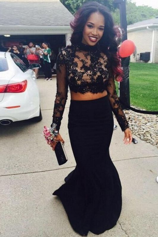 Two-Piece Prom Dresses Black High Neck Long Sleeves Lace Top Mermaid Sexy Evening Gowns