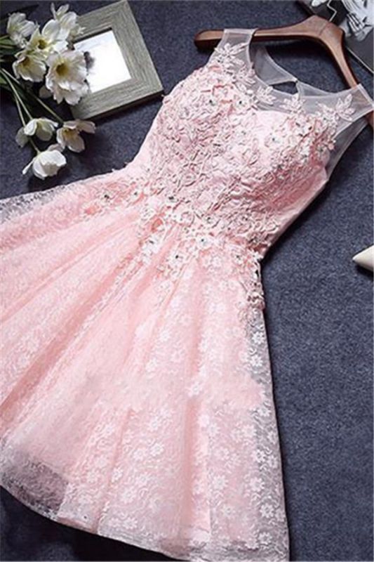 Custom Made A-line Lace Pink Sleeveless Appliques Sexy Short Homecoming Dresses