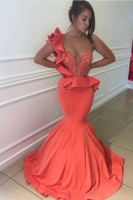 One-Shoulder Sexy Mermaid Prom Dresses | Ruffles Crystals Long Evening Dresses