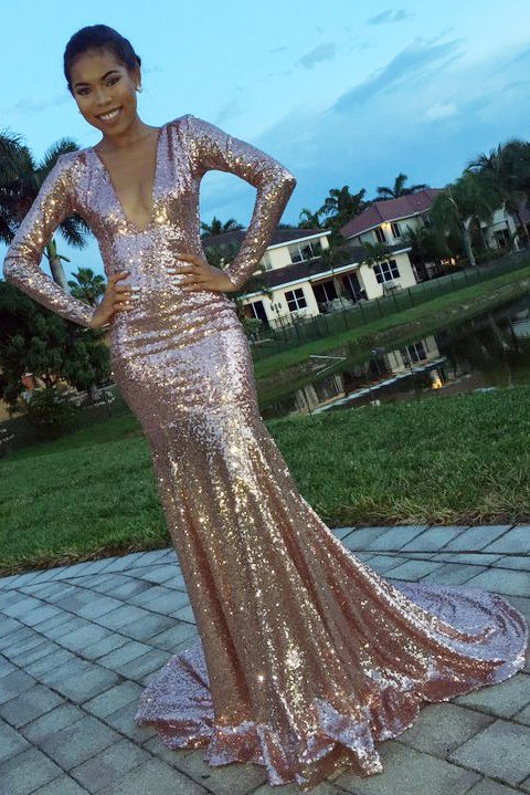 V-Neck Long-Sleeve Mermaid Sequins Glamorous Evening Dress BA8288