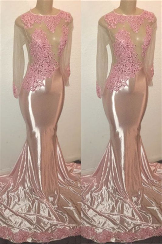 New Arrival Pink Mermaid Long Sleeve Sheer Tulle Appliques Prom Dresses
