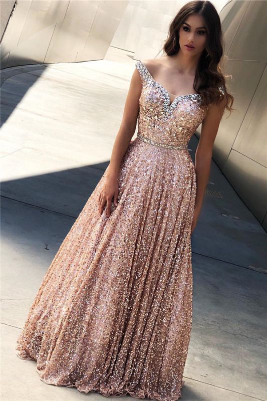 Rose Gold Pailletten Abendkleider | Günstige weg von der Schulter Sexy Bling-Bling Prom Kleid