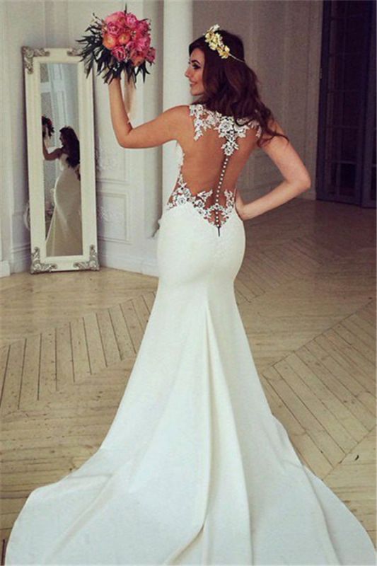 Illusion Sexy Lace Appliques Mermaid Modern Satin Wedding Dresses with Court Train