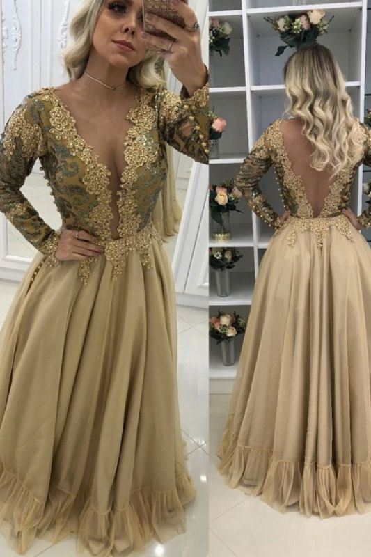 V-Neck Floor-Length Long Sleeves Lace Chic Prom Dresses