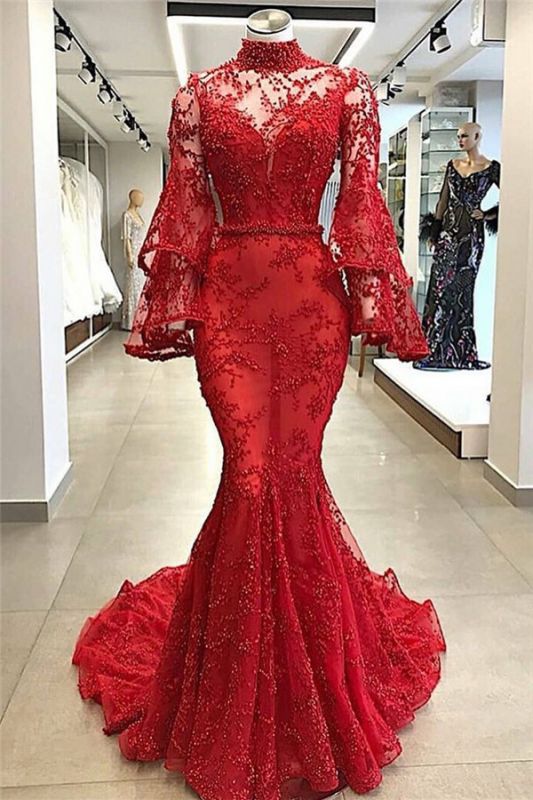 High Neck Long Sleeve Mermaid Appliques Chapel Train Prom Dresses  with Beads