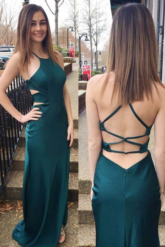 Sexy dunkelgrünes ärmelloses Abendkleid mit Kreuzrücken | Günstiges Ballkleid