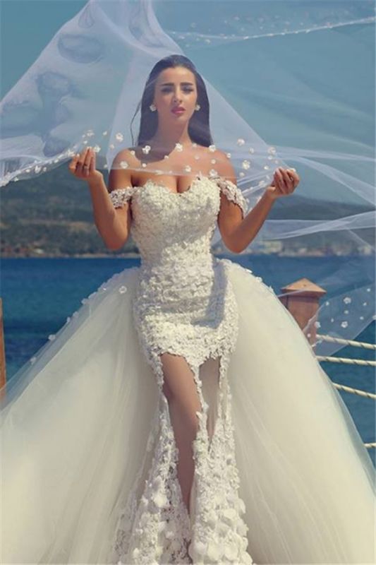 New Wedding Dresses Sweetheart Straps Mermaid Lace Appliques Tulle Court Train Sheer Bridal Gowns