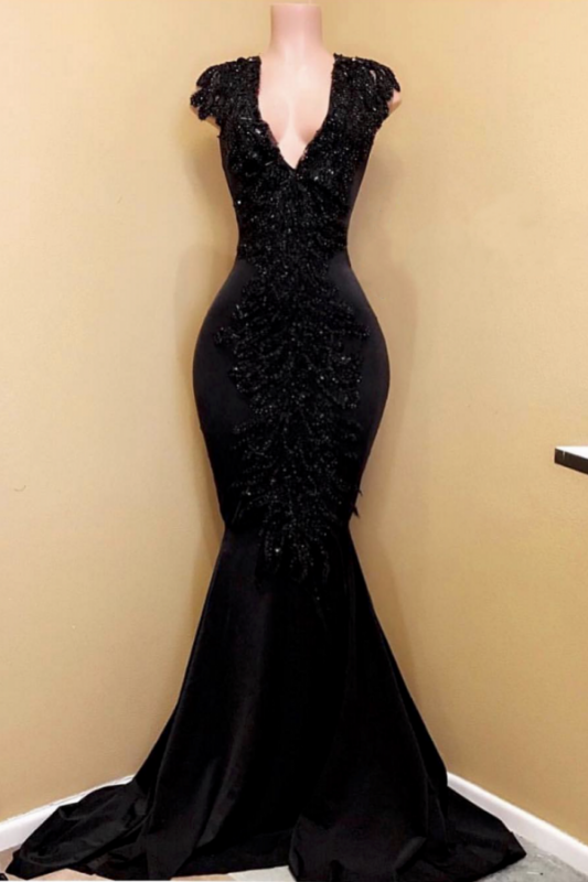 Elegante Meerjungfrau schwarze Ballkleider | Ärmellose Applikationen mit V-Ausschnitt, Perlen Abendkleider