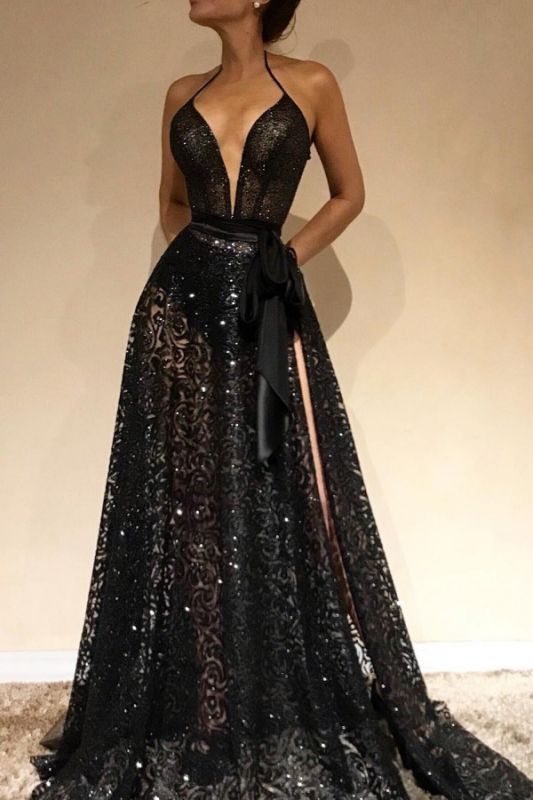 Sexy Sheer Evening Gowns | Halter Slit Prom Dresses with Sash